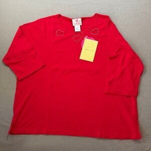 Quaker Factory Red Cotton 3/4 Sleeve Heart Embellished Top Plus Size 2X